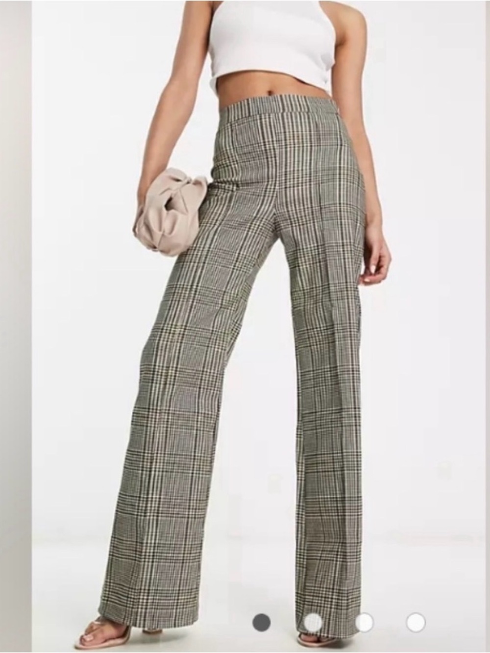 H&M High-Waist Plaid Wide-Leg Pants - Taupe/Black. Elastic Waist